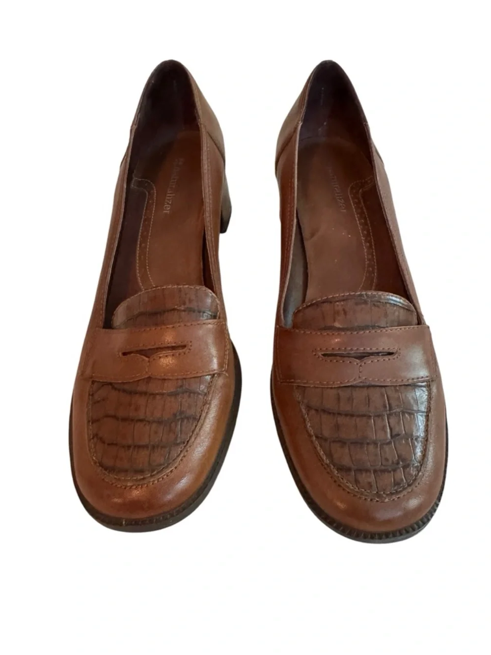Naturalizer Womens Brown Leather Croc Embossed Penny Loafers Heels 8.5